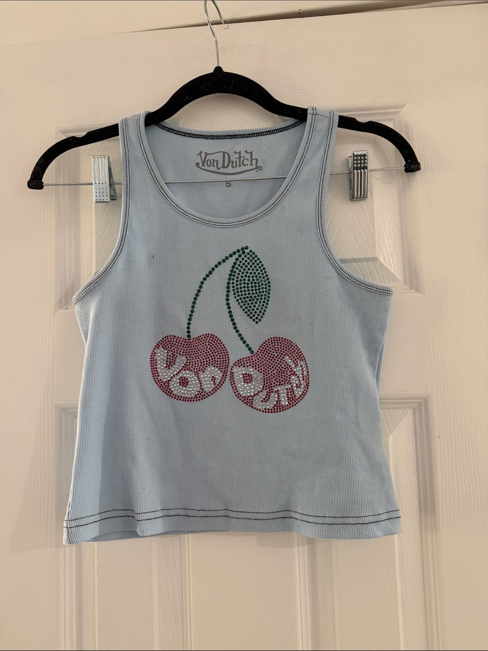 Von Dutch Light Blue Tank Top with Rhinestone Cherry Graphic